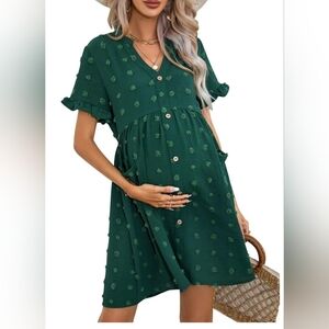 NWT! Fashion Womens XL dark green swiss dot ruffle sleeve maternity dress